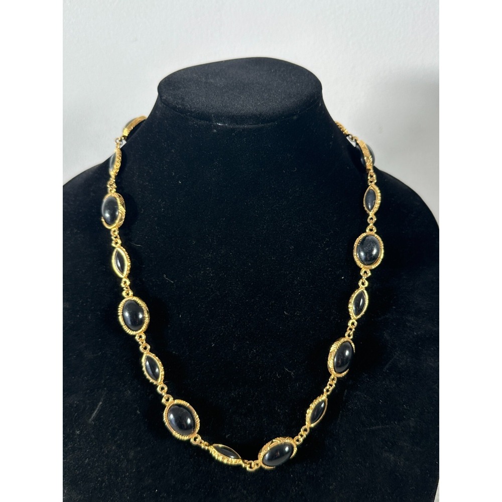 Vintage Statement Necklace Fashion Jewelry Beaded Black Gold Tone T-Bar Toggle